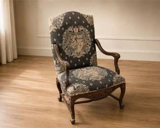 Carved Wooden Armchair Upholstered