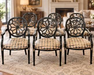 Six (6) Black & Gold Lacquered Armchairs