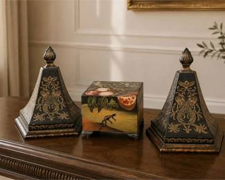 Pair Of Black & Gold Decorative Obelisks & Small Painted Wooden Box