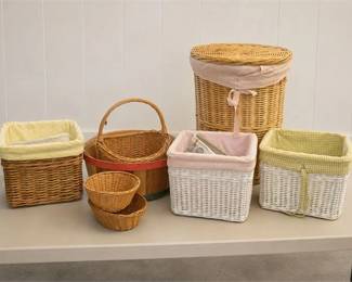 Group Of Woven Wicker & Fabric-Lined Storage Baskets