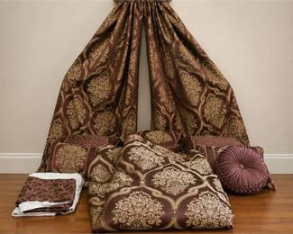 Traditional Wine-Red & Gold Damask Bedding Set & Curtain