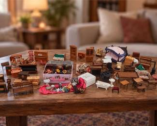 Assorted Vintage Wooden And Plastic Dollhouse Miniature Furniture
