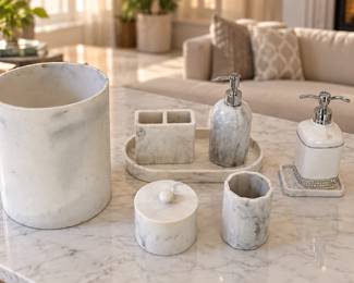 Eight (8) White Marble-Patterned Bathroom Accessory Set