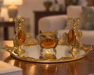Four (4) Hollywood Regency-style Gold Ormolu Filigree Vanity Set