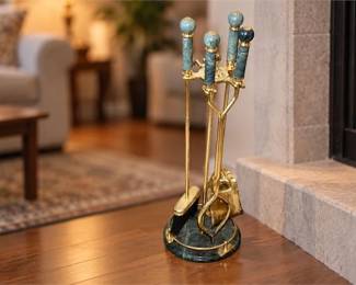 Hollywood Regency Green Marble and Brass Fireplace Tool Set