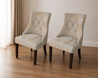 Two (2) Gold Damask-Patterned Dining Chairs