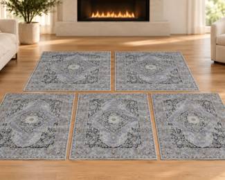 Five (5) Small Blue & Grey Medallion Area Rug