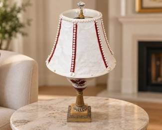 Pearled White & Red-Trimmed Fabric Lamp Shade