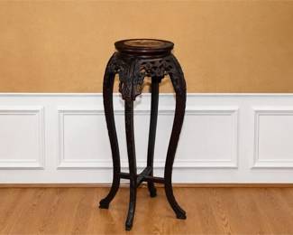 Chinese Carved Hardwood & Marble-Inset Plant Stand