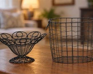 Two (2) Dark Metal Wire Pedestal Fruit Bowl