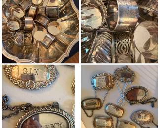 Sterling silver napkin, rings and decanter labels