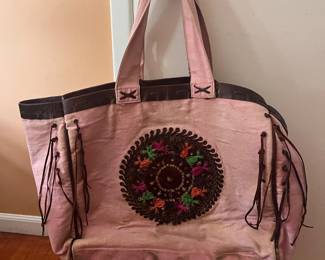 Oversized, pink canvas, and fringe bag