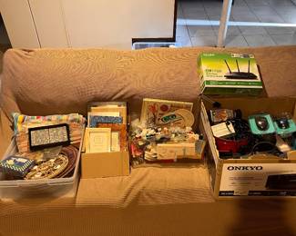 Pictures frames, Linksys router and electronics