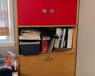 Vintage IKEA stacking bookcase loaded with supplies