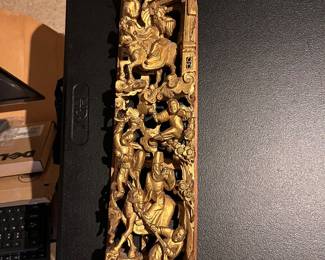 Antique Chinese guiled wood panel with medium relief