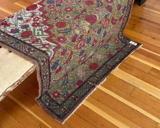 This lot features a late 19th century Karabagh Christian prayer rug. Hand knotted wool, tan floral vine border, and measures 51” x 38”. Condition report and fair market appraisal from 22/23 provided in photos.
