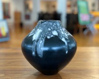 “Ebb and Flow”, an original pottery vase by listed Oregon artist, Rebecca Arthur. Signed underneath as shown in photos and measures, 9” H x 9” W x 9” D.