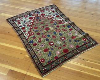 This lot features a late 19th century Karabagh Christian prayer rug. Hand knotted wool, tan floral vine border, and measures 51” x 38”. Condition report and fair market appraisal from 22/23 provided in photos.