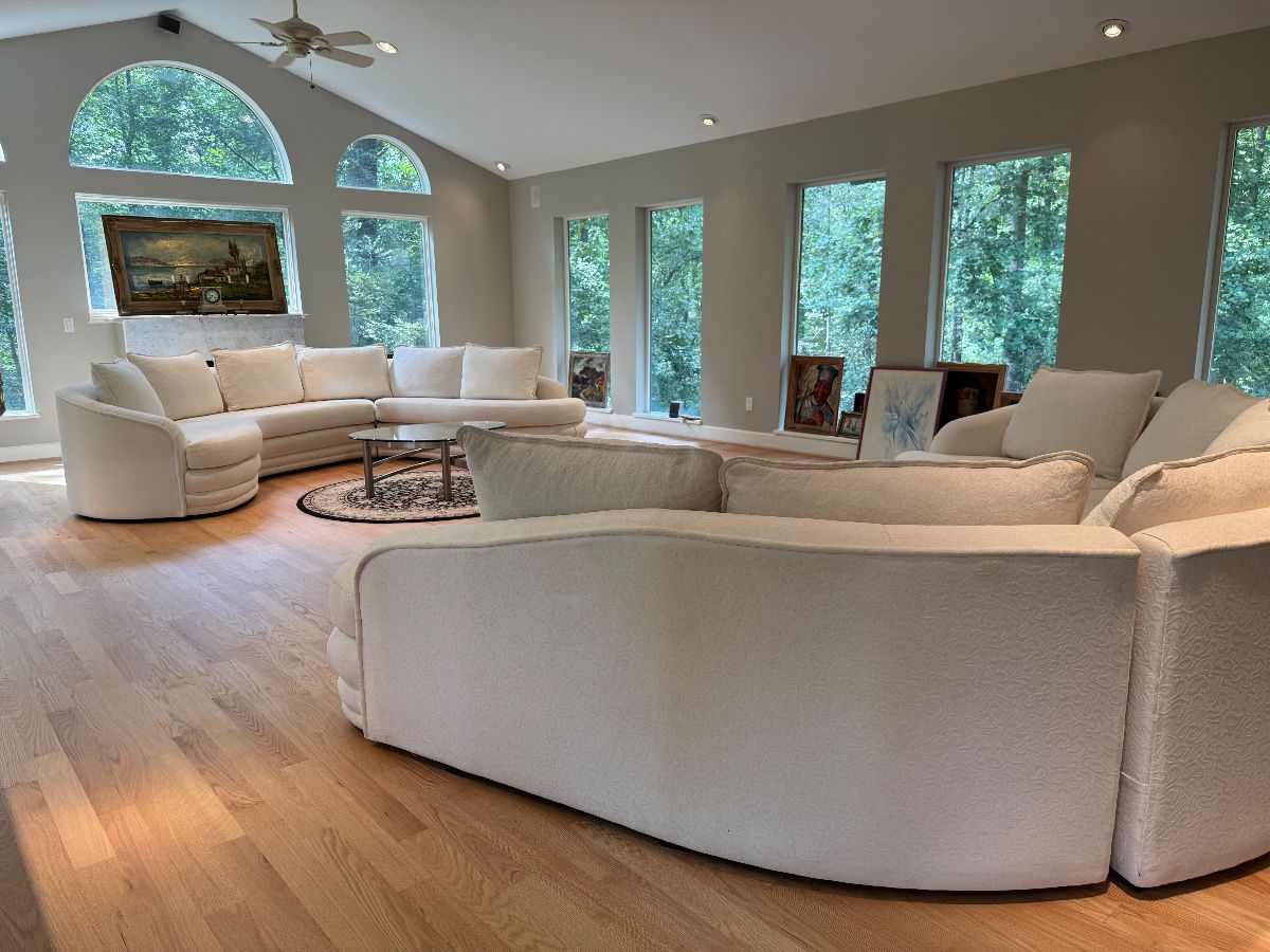 Carson's White Upolstered Curved Sectional (LAF 1 Arm Chair - 45"D x 42"W x 30" Back Height / Armless Loveseat - 98"W x 40"D x 30" Back Height / Armless Chaise -  86"W x. 46"D x 30" Back Height  -   2 Identical Sectionals Available) 