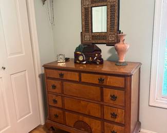 Antique 5 Drawer Dresser (40"W x 18"D x 35"H) with Middle Eastern Wall Mirror (20"W x 30"H) & Vintage German Black Forest Chalet Cuckoo Clock 