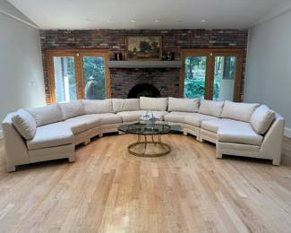 Vintage Gilliam Modular Upholstered Curved Sectional Sofa (66"W x 37"D x 27" Back Height  / 5 Sections Total) & Vintage Hollywood Regency Octagonal Glass Top on Brass Base Coffee Table (44"W x 44"D x 17"H) 