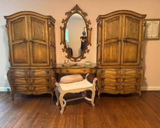 Vintage French Provincial 2 Door / 3 Drawer Armoire (39"W x 20"D x 76"H each) with Middle 1 Drawer Vanity (39"W x 17"D x 30"H) & Rococo Revival Style Wall Mirror (31"W x 54"H) & French Provincial Bench (33"W x 15"D x 24"H)  