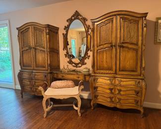 Vintage French Provincial 2 Door / 3 Drawer Armoire (39"W x 20"D x 76"H each) with Middle 1 Drawer Vanity (39"W x 17"D x 30"H) & Rococo Revival Style Wall Mirror (31"W x 54"H) & French Provincial Bench (33"W x 15"D x 24"H)  