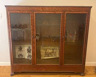 Antique American Empire Glazed Oak 3 Door Display Cabinet