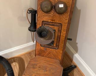 Antique Quarter-Sawn Oak Wall Mounted Magneto Crank Telephone
