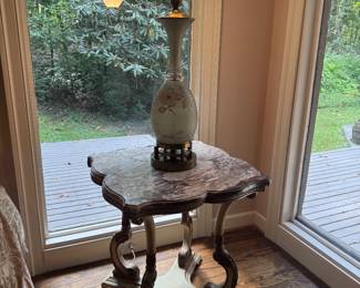 Vintage Hollywood Regency Style Frosted Floral Motif Table Lamp (34"H / 2 Available) with French Provincial Marble Topped Side Table (24"W x 24"D x 27"H - 2 Available) 