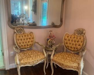 Vintage Carved French Louis XVI Style Bergere Tufted & Floral Upholstered Armchairs (2 Available) with Curved French Provincial Wall Mirror