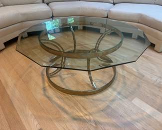 Vintage Hollywood Regency Octagonal Glass Top on Brass Base Coffee Table (44"W x 44"D x 17"H)