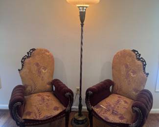 19th Century French Rococo Revival Fauteuils Sculptural Tufted Armchairs (30"W x 28"D x 44" Back Height / 2 Available) & Art Deco Torchiere Floor Lamp (16"Dia x 70"H)