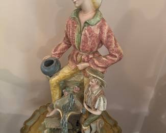 MCM Capodimonte Style Man with Child at Fountain Ceramic Figurine