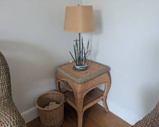 Wicker Side Table and Cat Tail Lamp