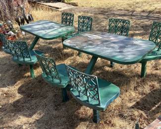 HEAVY VINTAGE OUTDOOR DINING SETS W/CAST IRON SEATS