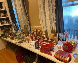 Glass, wood, and fabric Christmas decor. Large selection. Many antiques, including books published from 1910-1980s.
