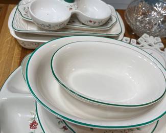 Christmas serving and party dishes. Pfaltzgraff pattern Winterberry includes holly berries and winter greenery.