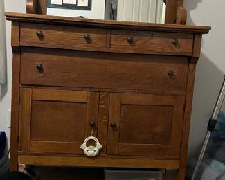 Antique, mirrored bureau/buffet with 3 drawers and bottom cupboard.