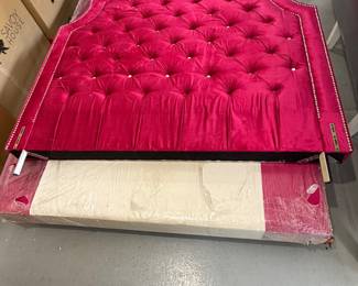 hot pink velvet tufted queen headboard and bed platform