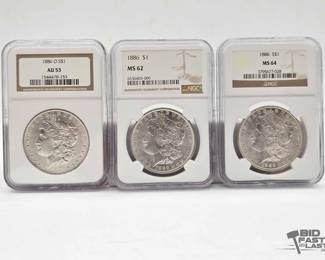 2550  3 1886 Morgan Silver Dollars