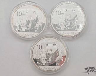 2340  3 2012 Chinese Panda 1 ozt .999 Silver Coins