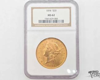 1907  Graded 1894 Liberty Head Double Eagle $20 Gold Coin