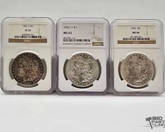 2568  3 1902 Morgan Silver Dollars