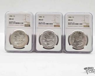 2551  3 1886 Morgan Silver Dollars