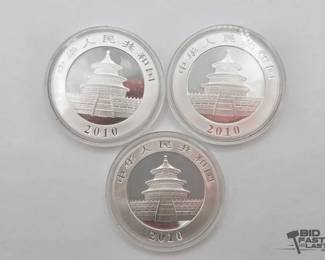 2338  3 2010 Chinese Panda 1oz .999 Silver Coins