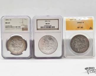 2560  3 1896 Morgan Silver Dollars