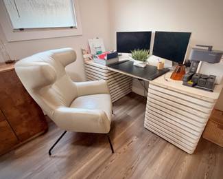Havana wing chair and Milo 6-drawer desk (made with reclaimed wood)