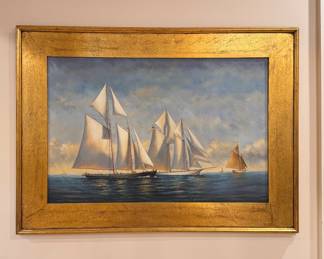 Oil on canvas, "Racing Schooners at Sea", 45 X 33