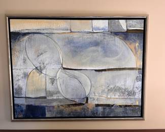 "Shell", Tan & blue abstract signed by Jennifer Lister, 50 X 38